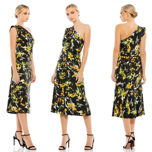 MAC DUGGAL | FLORAL PRINT DRAPED ONE SHOULDER MIDI DRESS 55630 - Picture 1 of 3